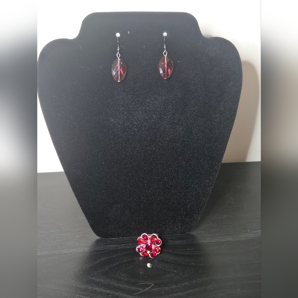 Ruby Red Teardrop Earrings Faux Ruby Stones Silver Ring Costume Jewelry Set